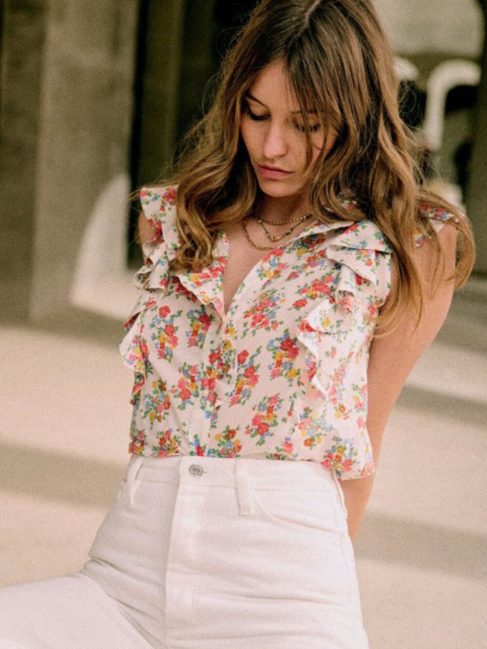 New Sezane Chiara Floral 100% Cotton Ruffle Top White Red 34, 2, XS